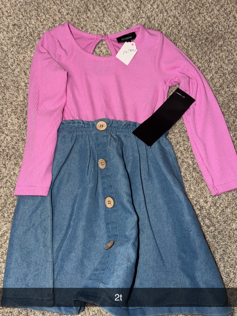 Pink Ribbed Top with Denim Button Skirt Dress for Kids
